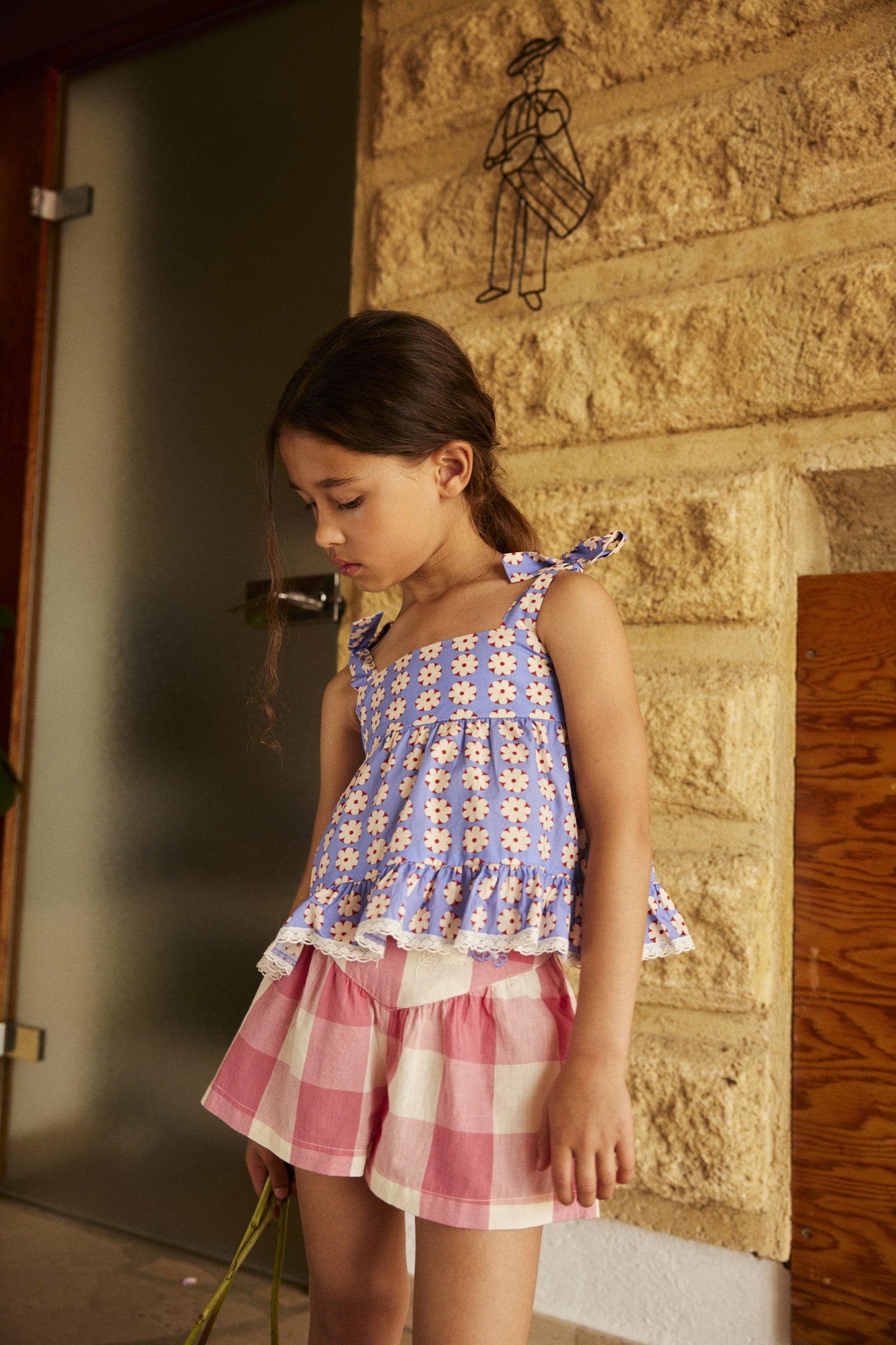 Cotton shorts for girls aged 4–12, check rose