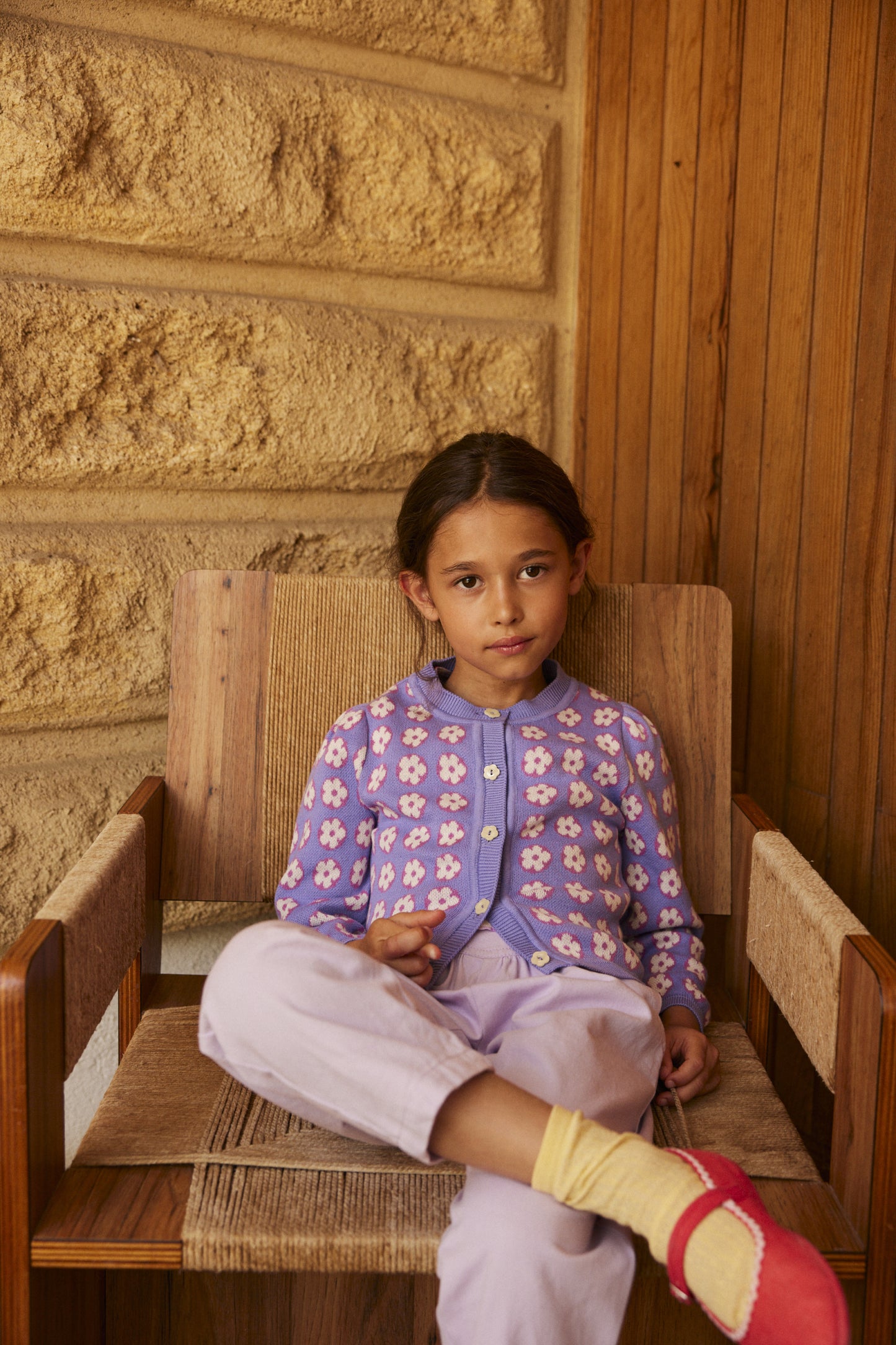 Cotton knitted cardigan for girls aged 4–12, pomponette lavender