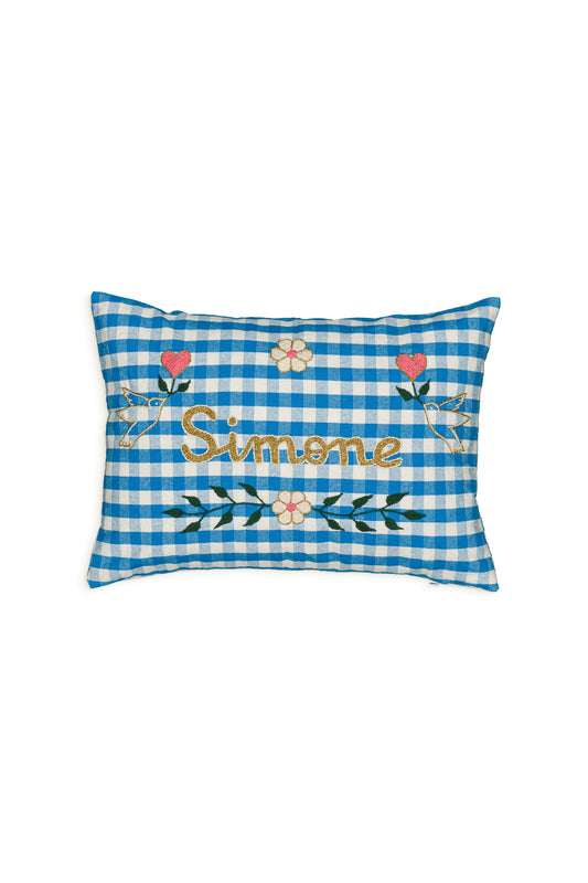Coussin brodé Gingham Blue Simone