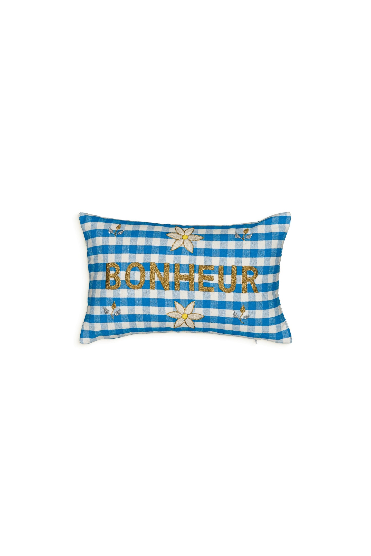Petit coussin brodé Gingham Ibiza Blue Bonheur