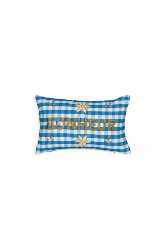 Petit coussin brodé Gingham Ibiza Blue Bonheur