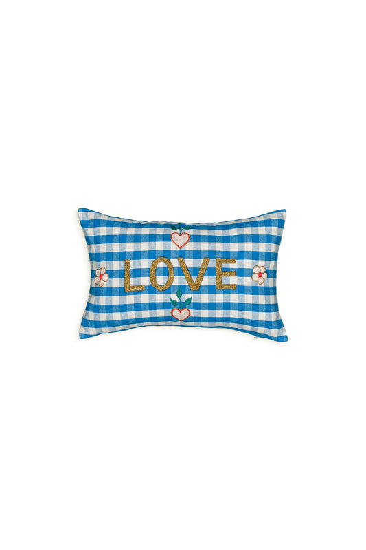 Petit coussin brodé Gingham Ibiza Blue Love