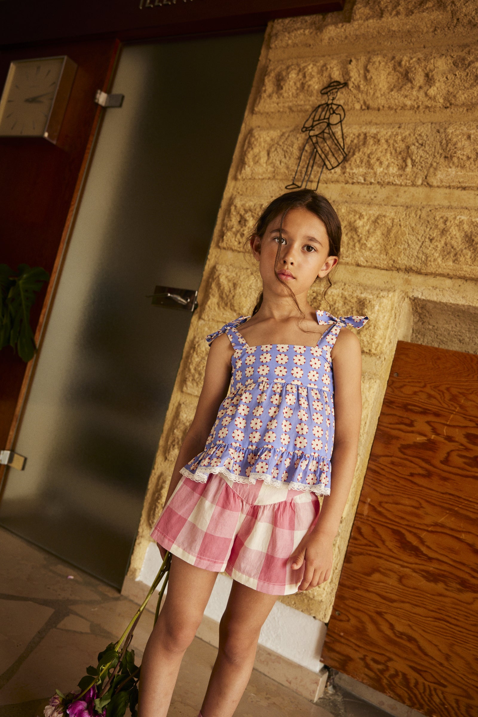 Cotton blouse for girls aged 4–12, pomponette blue