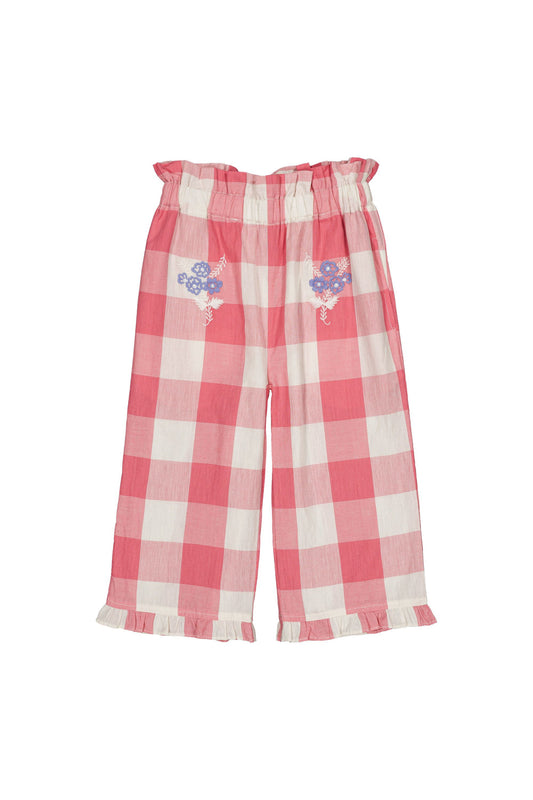 Cotton pants for girls aged 4–12, check rose